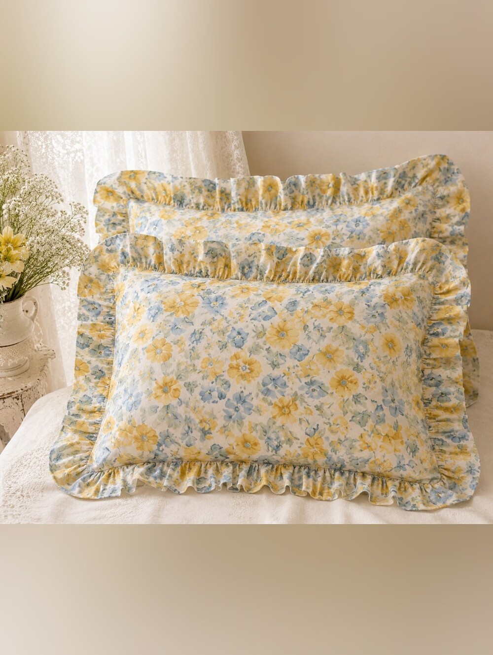 TWO *vintage* Laura Ashley standard pillow shams | Yellow Blue floral